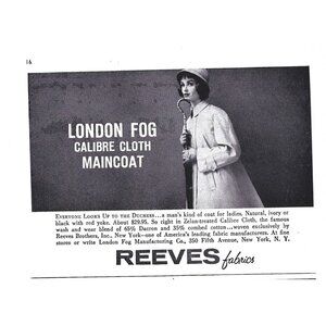 London Fog Calibre Coat Reeves Fabric Advertisement 1950s Vintage Print Ad